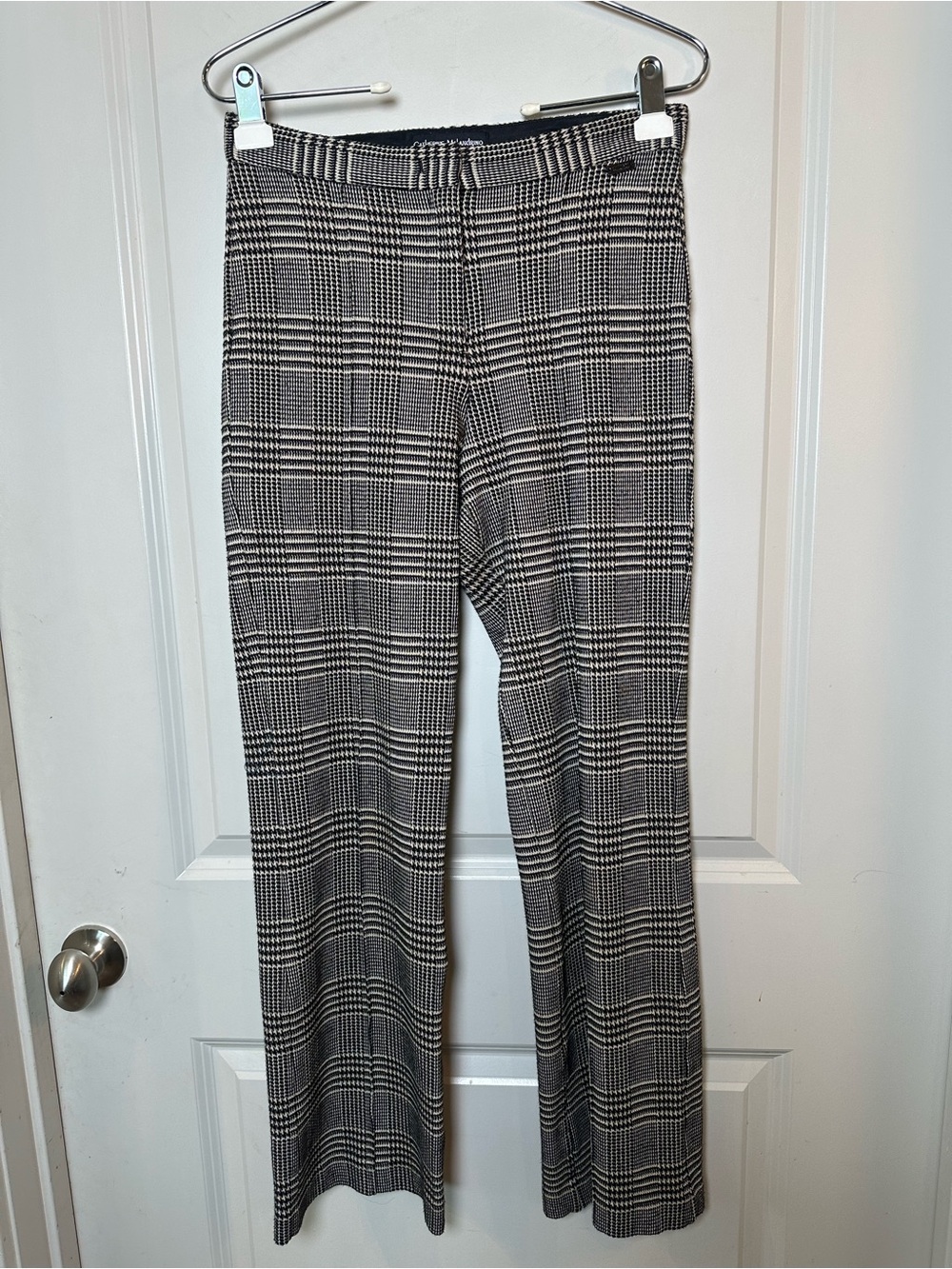 CATHERINE MALANDRINO Glen Plaid Ponte Knit Wide Leg Black&White Trouser Pants, 4